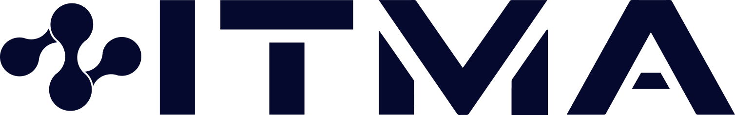 Logo juodas PNG - elvprojektai.lt ITIMA logo: dark blue wordmark with a left-side connected-dot network icon in blue.